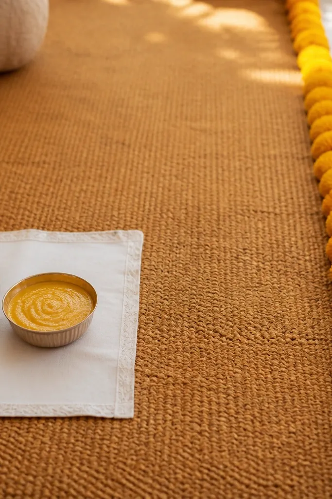 A warm coconut mat covering the floor section where haldi happens, with a straight border line of marigold flowers running along one side; haldi bowls sit on a small white cloth square.