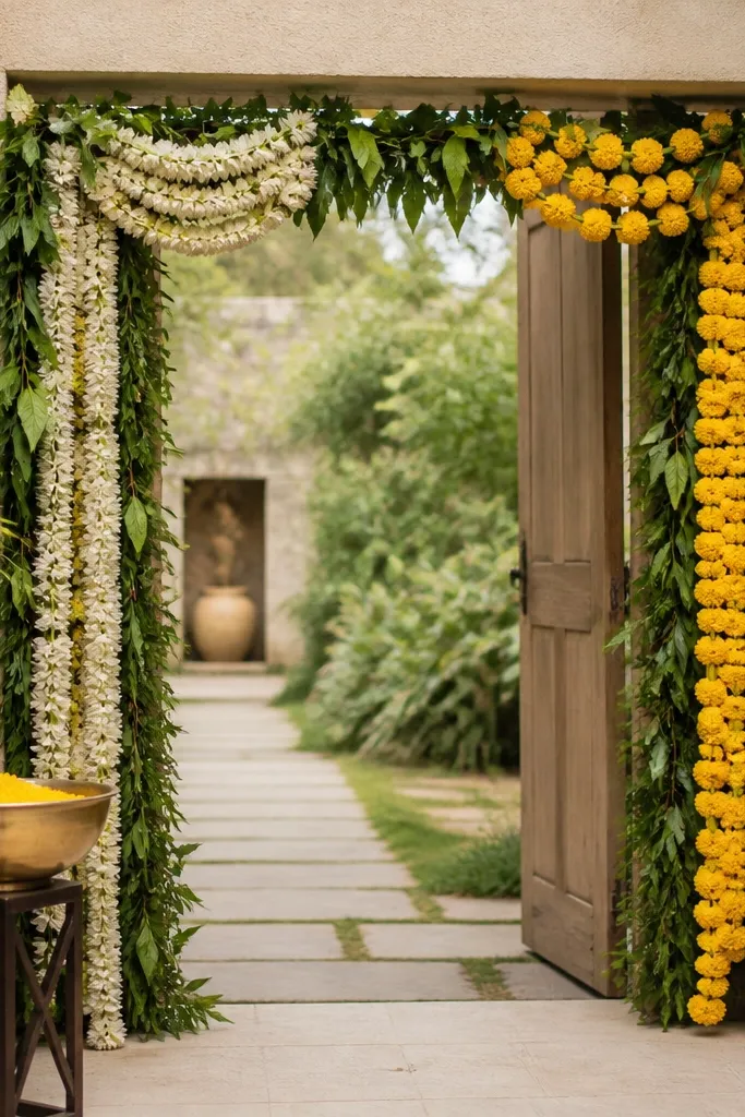 A simple garland gate at the entrance with a left side of warm white flowers and right side of yellow marigolds; deep green leaves fill the gaps; a haldi bowl is placed on a small stand near the gate.