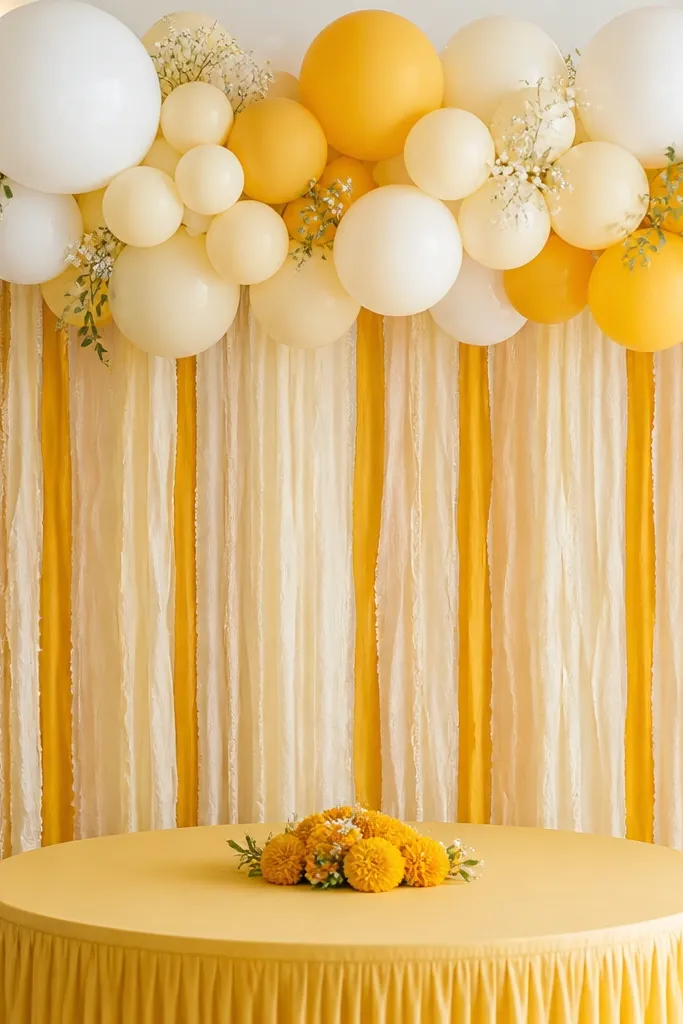 A ceiling or stand-top balloon garland in warm white and soft yellow, with fabric streamers hanging down in cream and mustard; a haldi table sits below with a small marigold cluster at the center.