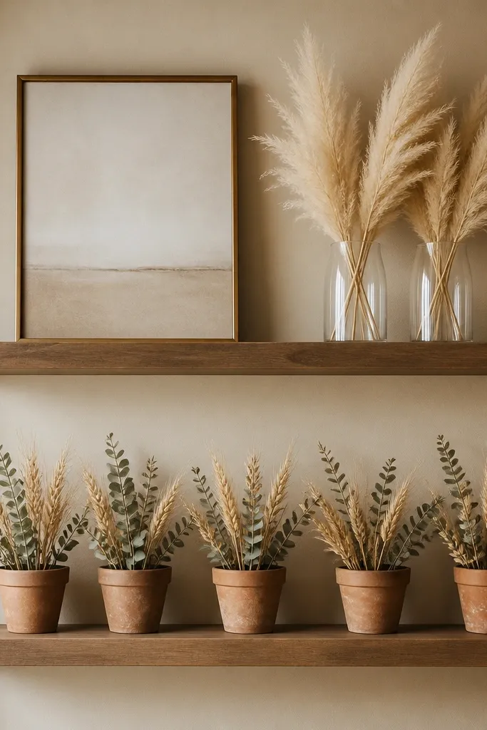 Two floating shelves mounted on a beige wall. The bottom shelf holds a row of small terracotta pots with dried wheat and eucalyptus. The top shelf has a bronze frame with a simple sign and a few pampas plumes in short, clear glass cylinders.