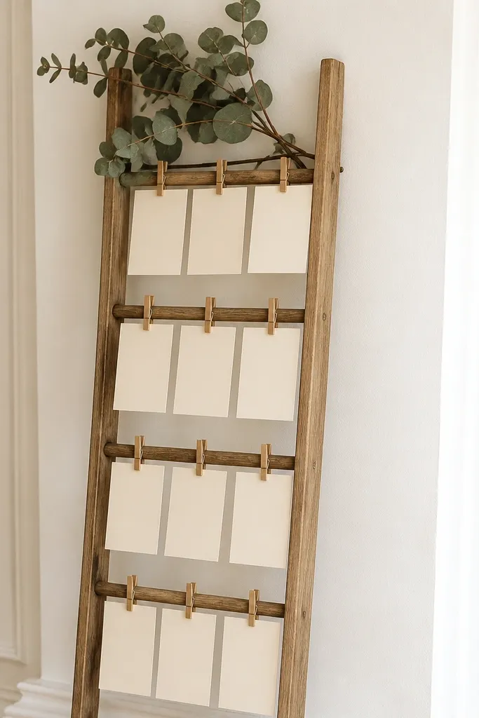 A small wooden ladder leaning against a wall. Each rung holds a cream escort card with black ink, clipped by mini clothespins. A few dried eucalyptus stems are tucked at the top.