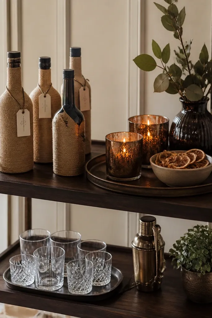 A bar cart with dark wood shelves. Bottles are wrapped in jute twine with small tags. A tray holds bronze candle holders and a small bowl of dried citrus slices.