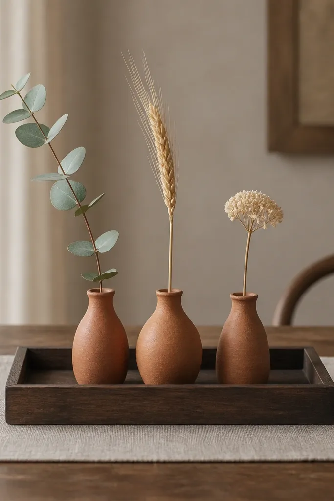 A shallow wooden tray with a dark stain. Inside are three small terracotta bud vases holding single stems each - eucalyptus, wheat, and a pale dried flower. The tray sits centered on the table with a linen runner beneath it.