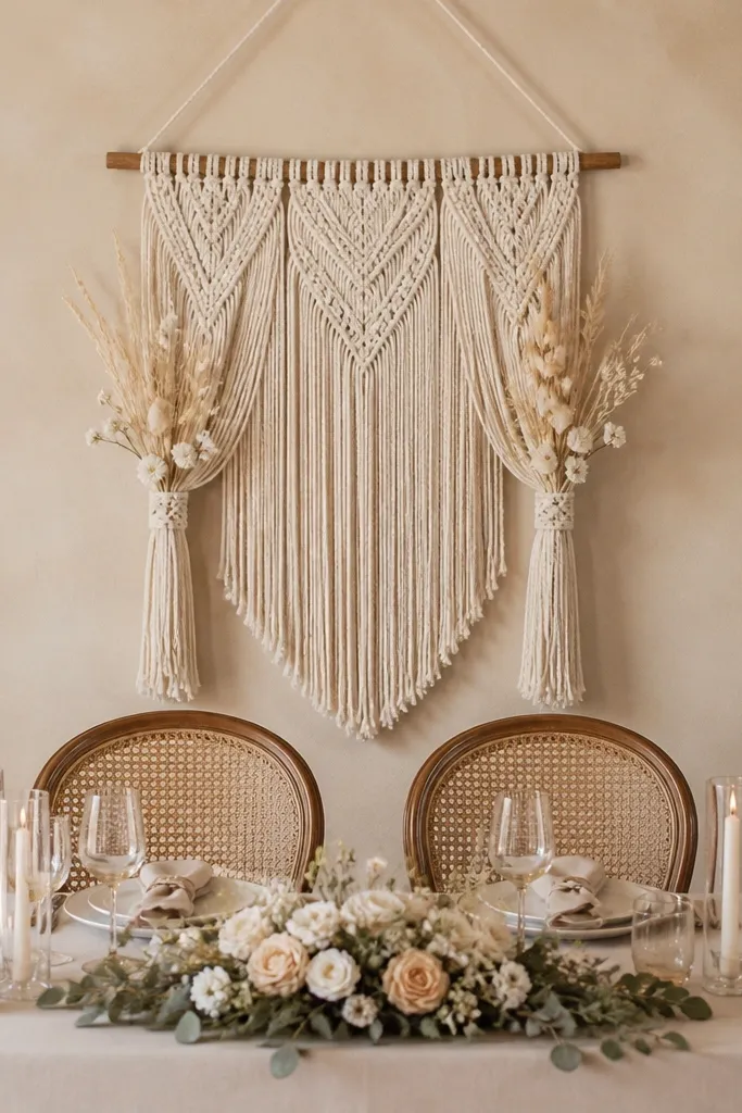 A small macrame wall piece hanging behind a sweetheart table. Two tie-backs hold pale dried flowers and wheat stems. The background wall is a warm neutral color.