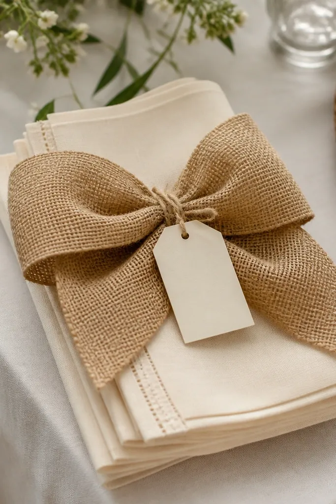 A stack of cream napkins on a corner of a guest table. A wide burlap bow sits on top, and a small card tag is tied to the bow with twine.