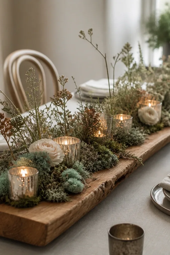 A long wood slab laid across a table. Several small votive holders are surrounded by moss-like dried accents in muted teal-green, with a few bronze accents and pale flowers.