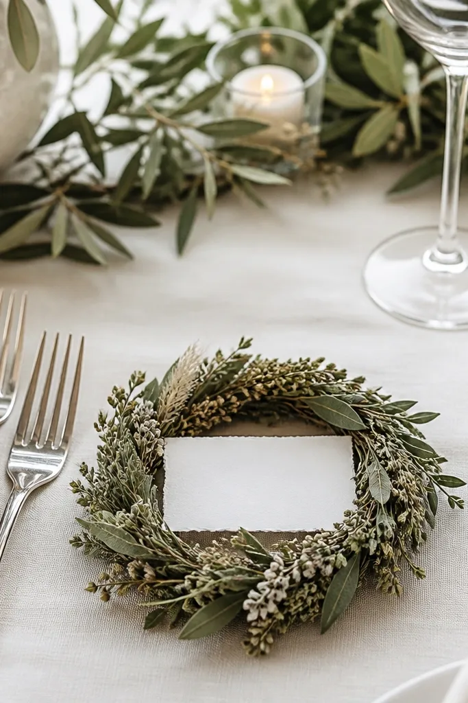 Small circular wreaths made of dried greenery placed on top of each place card. The wreaths are about the size of a hand and sit next to forks on the table.