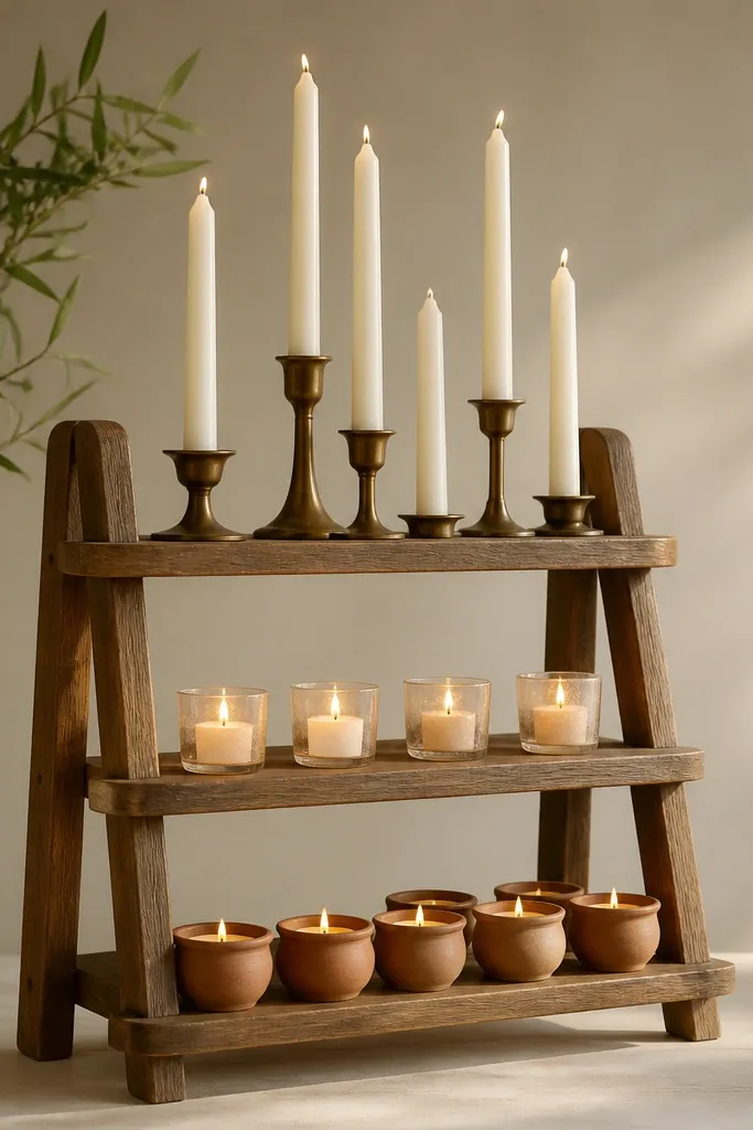 A low wooden stand with three tiers. Each tier holds a different candle: cream taper candles in bronze holders and small votives in terracotta cups.