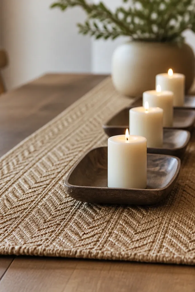 Woven placemats laid lengthwise under a row of small candle trays. The placemats are natural tan with a subtle pattern. Several trays with cream candles sit on top.