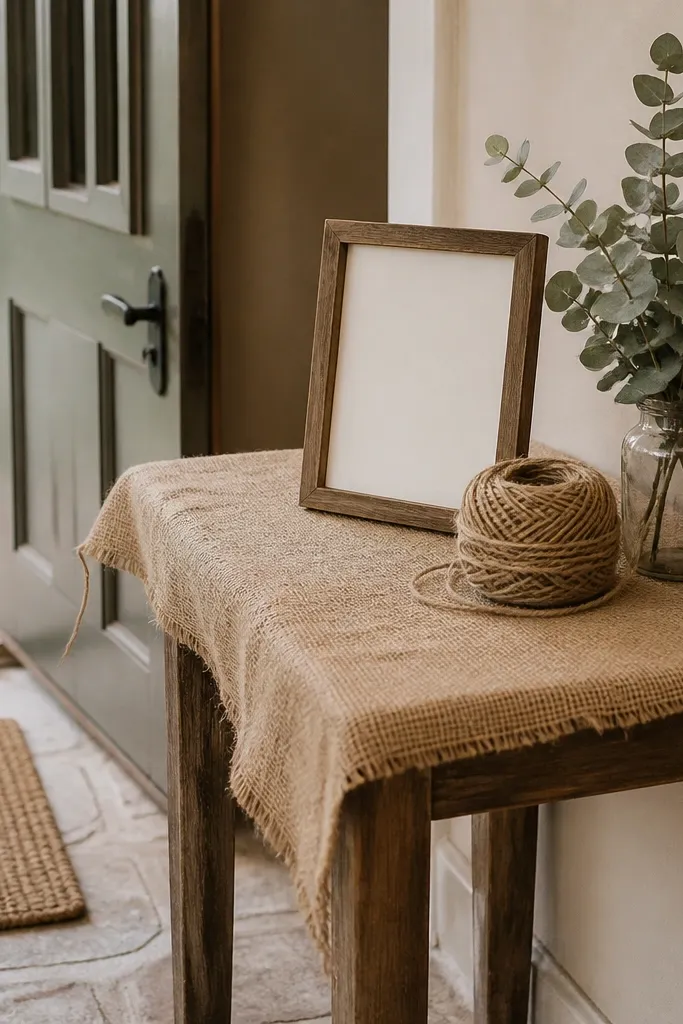 A small table near the entrance with a burlap overlay. A welcome sign sits on top, and a bundle of twine is coiled beside it. There are a few dried eucalyptus sprigs in a small jar.