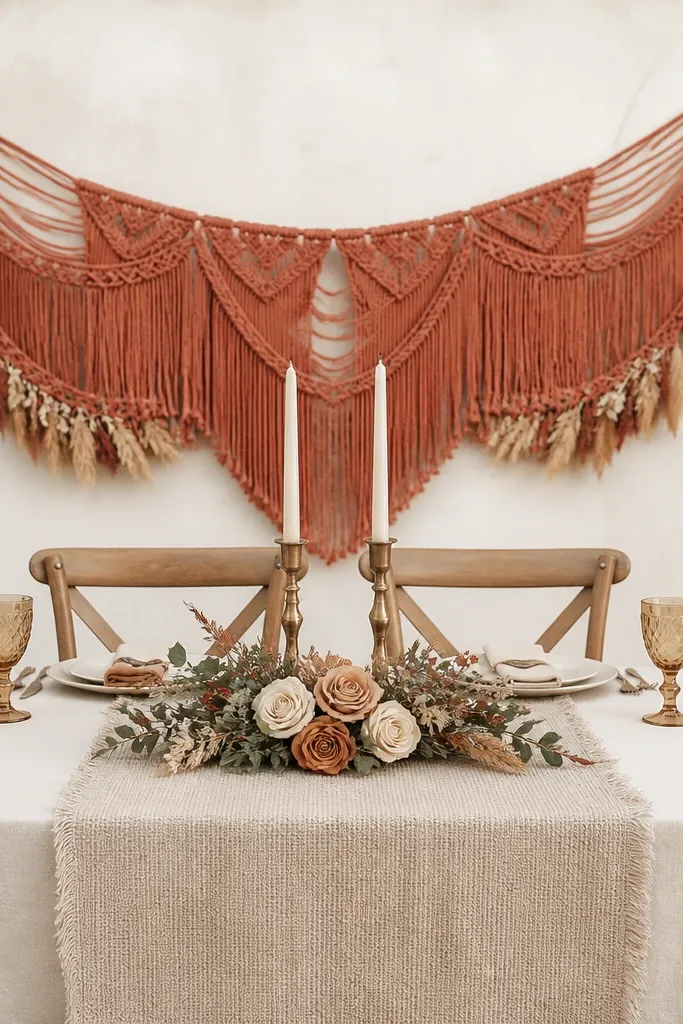 A boho sweetheart table set on a cream linen-covered surface. A wide oat linen runner runs down the center with soft fringe at the edges. Behind the couple, a terracotta macramé wall hanging drapes in gentle curves, with small dried wheat tucked along the lower edge. Two tall ivory taper candles sit in antique brass holders, centered near the chairs.