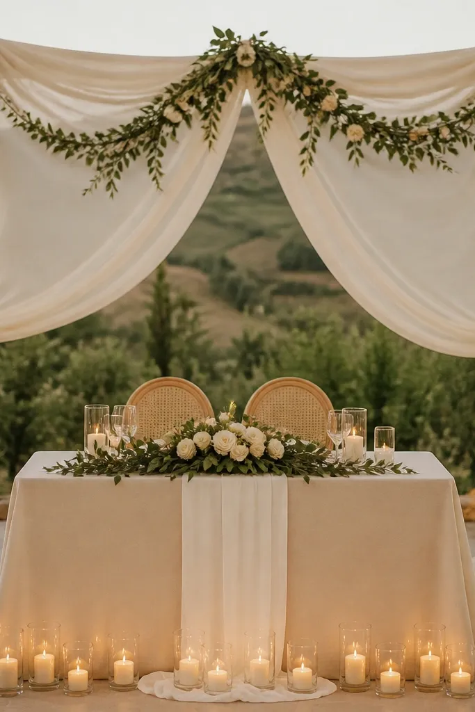 A sweetheart table with a cream linen cloth and a narrow ivory runner. Above the couple's chairs is a flowing cream sheer canopy tied to two wooden poles. Soft greenery garland hangs in three sections, with small white blossoms scattered lightly. The table front shows a row of low glass votives with warm amber candle flames.