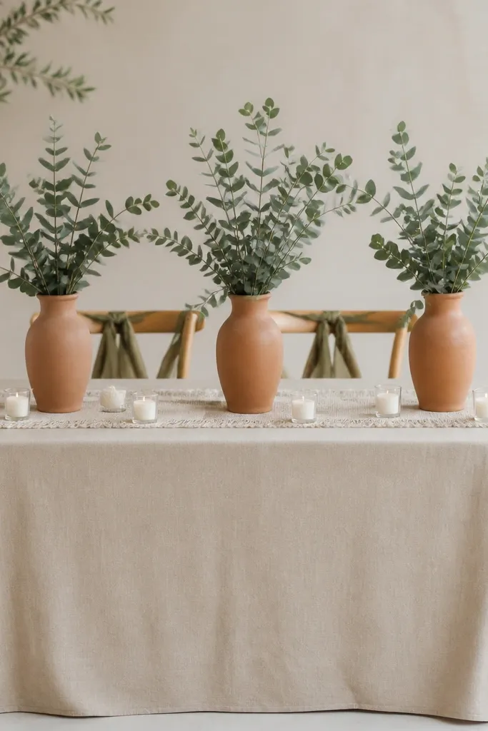 A sweetheart table with a sand-colored linen cloth and a short fringe runner. Three tall terracotta clay vases sit across the center line, each filled with sage eucalyptus. Olive ribbon ties wrap the chair backs loosely, with small loops at the top. The table has a few small white tea lights in clear holders near the front edge.
