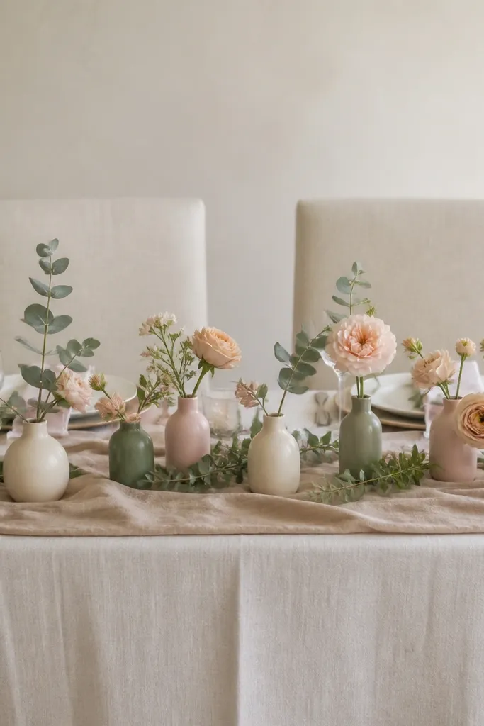 A sweetheart table with a neutral linen cloth and a light tan runner. The centerpiece is a row of mixed ceramic bud vases - matte cream, dusty pink, and soft sage. Each vase holds one or two stems of blush blooms and eucalyptus. Small sprigs of greenery also fill the gaps between vases. The chair backs are simple with no extra fabric beyond linen covers.