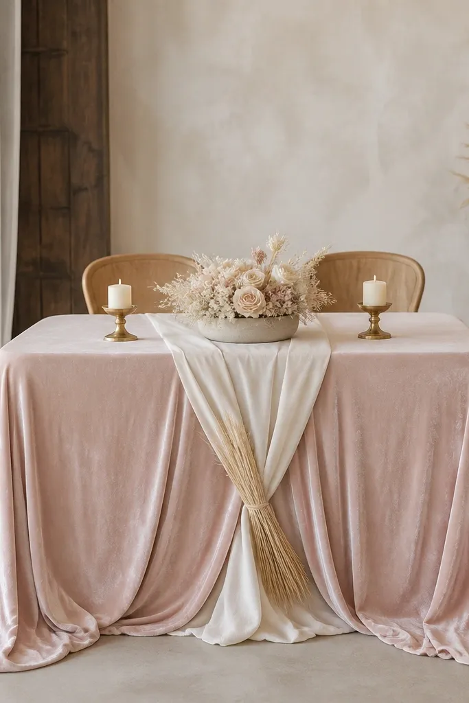 A sweetheart table draped in blush velvet overlay panels that fall in soft folds. A cream runner sits on top, and dried wheat stalks are tucked near the center seam. The florals are minimal: small blush and cream dried blooms in a low ceramic dish. Two brass candlesticks hold short ivory candles.