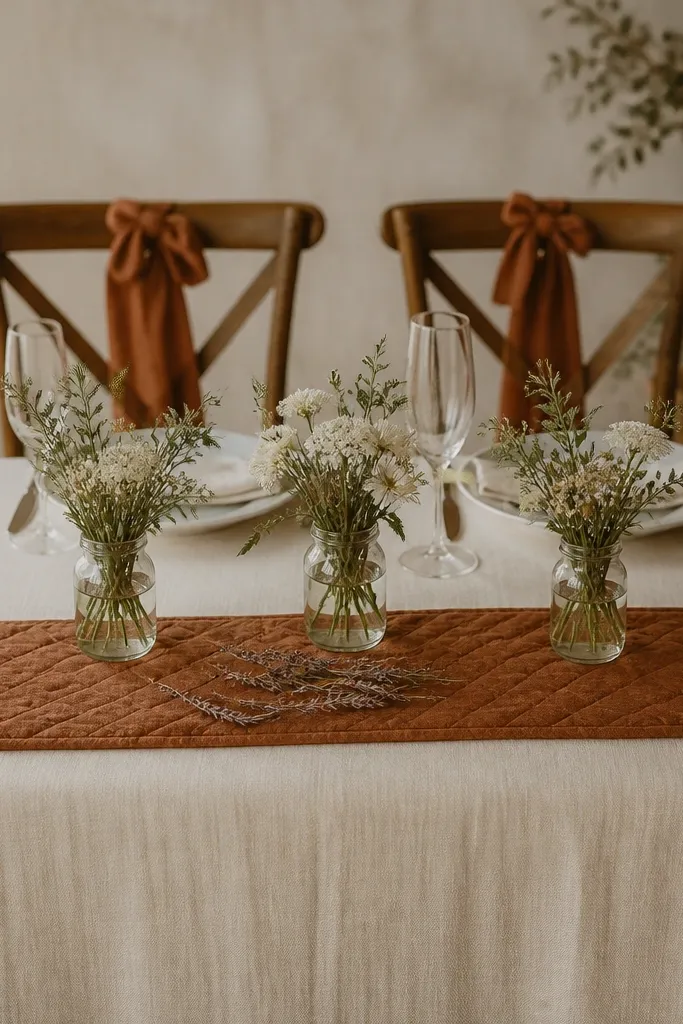 A sweetheart table with a cream tablecloth and a rust-colored quilted runner. On the runner sit three small glass jars filled with cream wildflowers and tiny sprigs of greenery. The chair backs have rust ribbon tied in loose bows. The overall look is cozy, with a few scattered dried lavender stems near the center.