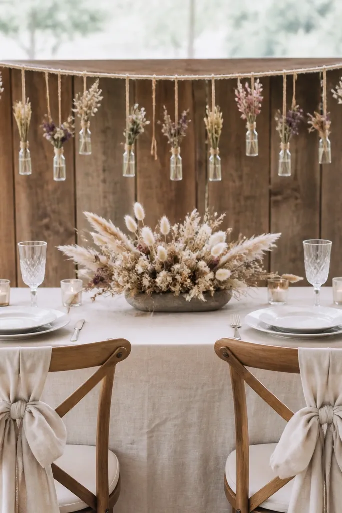 A sweetheart table with a cream linen cloth and a jute rope garland strung across the back edge. Small micro-bouquets hang from the rope with twine, each bouquet in a tiny glass vial. The centerpiece is a low dish of dried florals, and the chair backs have simple linen bows.