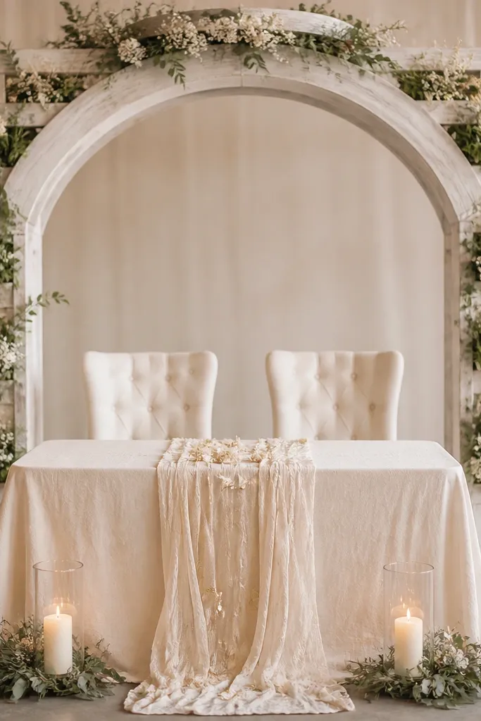 A whitewashed wood arch frames the sweetheart chairs behind the table. The arch has pockets filled with greenery and small white blossoms. The sweetheart table has a cream linen cloth and a long runner with a few dried flowers scattered along it. Candlelight appears from two glass holders near the front corners.