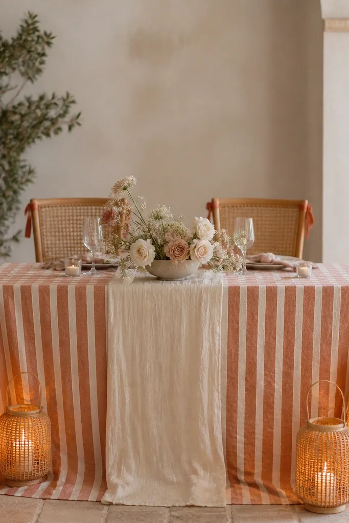 A sweetheart table covered with a terracotta and cream striped cloth. On both sides of the table, rattan lanterns sit on the floor or low stands, casting warm light onto the cloth. The center has a simple runner and a low floral arrangement in cream ceramic. Chair backs have small terracotta ribbon ties.