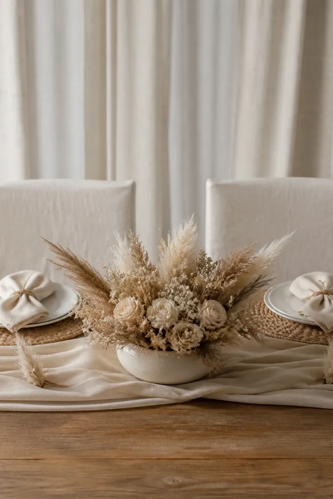 The sweetheart table has woven straw charger plates under each place setting. Cream napkins are folded and tied with twine. Along the center runner, small pampas tips are tucked into the fabric fold. The centerpiece is a low cream ceramic bowl with dried flowers. Chair backs have simple linen covers without extra fabric.