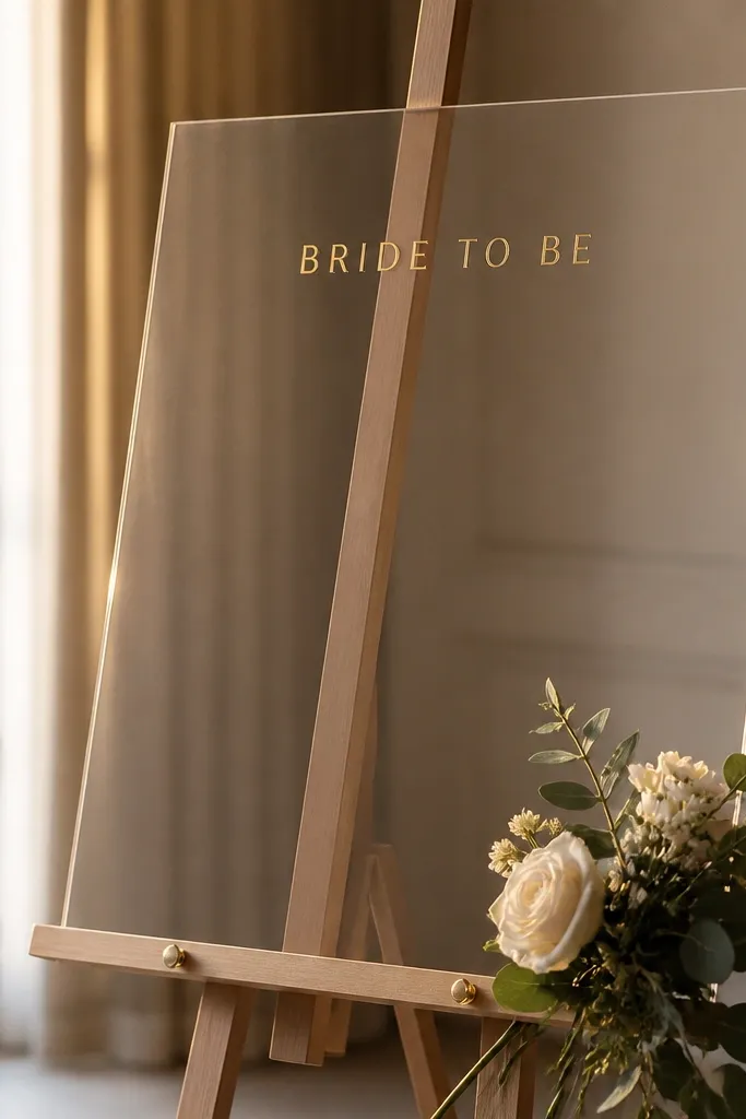 A clear acrylic sign on an easel with a bride-to-be headline in small gold vinyl lettering. The edges catch warm light.