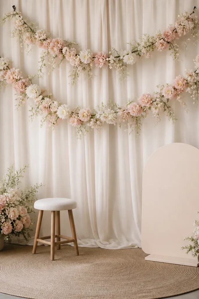 A curtain backdrop with clip-attached garlands in blush and cream. A small stool and a sign sit in front, forming a dedicated photo area.