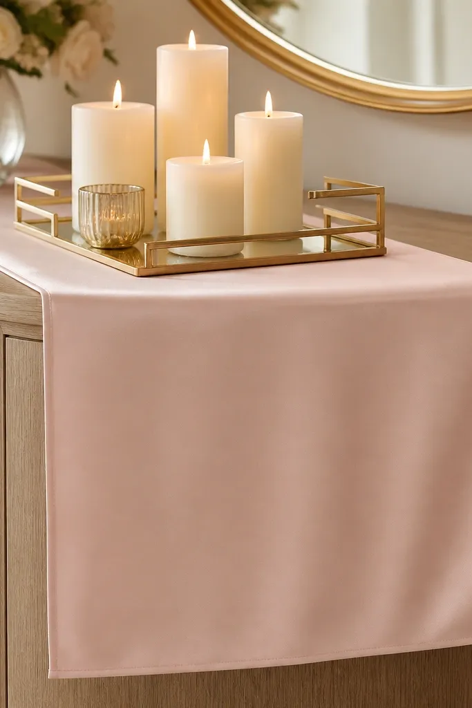 A blush satin table runner on a dresser with a champagne-gold tray and cream candles. The runner drapes evenly with clean edges.