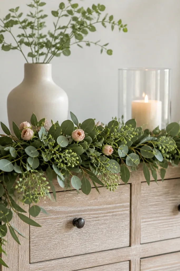 A soft faux greenery swag draped along the front edge of a dresser, with blush buds tucked into it. A candle and small vase sit above the swag.