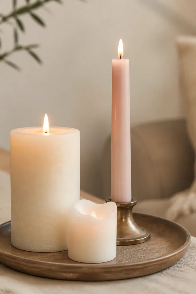 Three candles on a tray: one cream pillar, one blush taper, and one small LED candle. The room lighting is warm and soft.