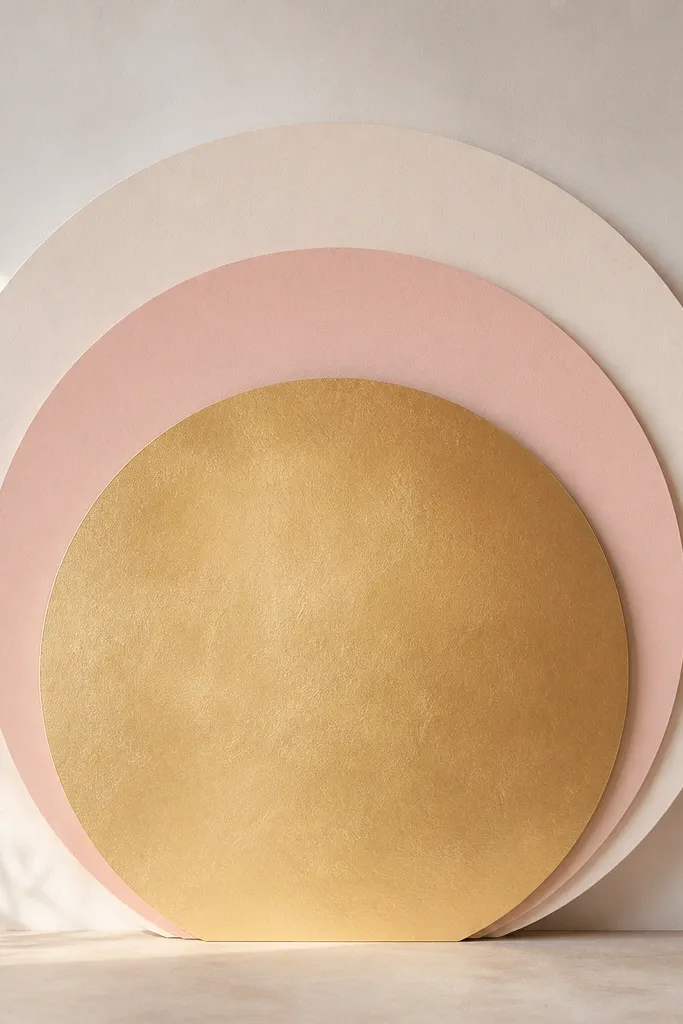 A layered paper backdrop behind a sign: three stacked paper circles in cream, blush, and gold. No balloons anywhere, just clean paper shapes.