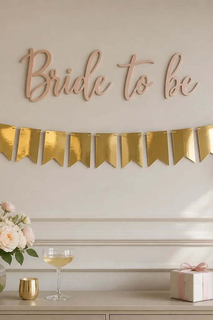 A gold foil quote banner hanging under a bride-to-be sign, with small blush tassels on both ends. The banner hangs straight and level.