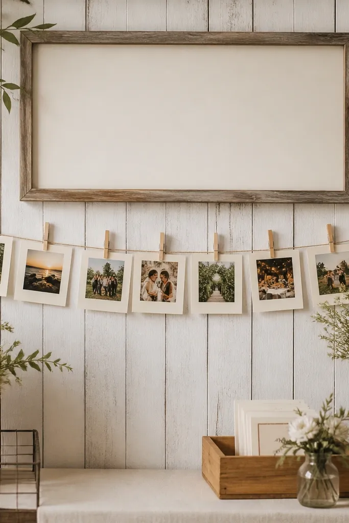 A string line across the backdrop with clothespins holding small printed photos in cream frames. The line sits above the table and under the main sign.