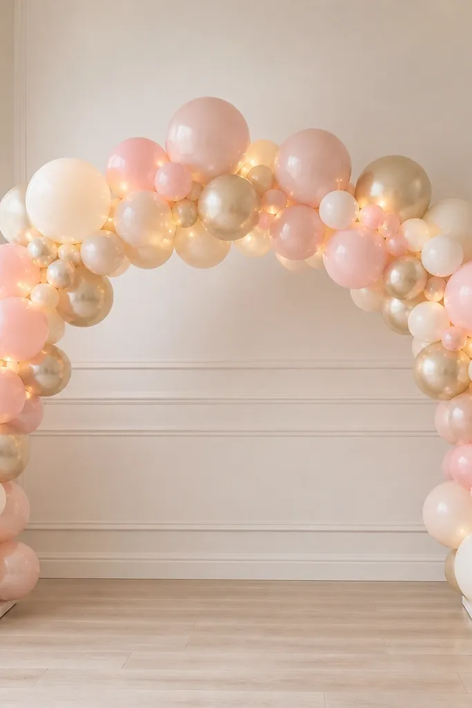 A balloon garland in pale pink, cream, and champagne tones arranged in a gentle arc. Small warm LEDs are tucked between balloon clusters so the garland glows from within. The photo shows the lights peeking through the spaces between balloons, with cords hidden behind the base stand.