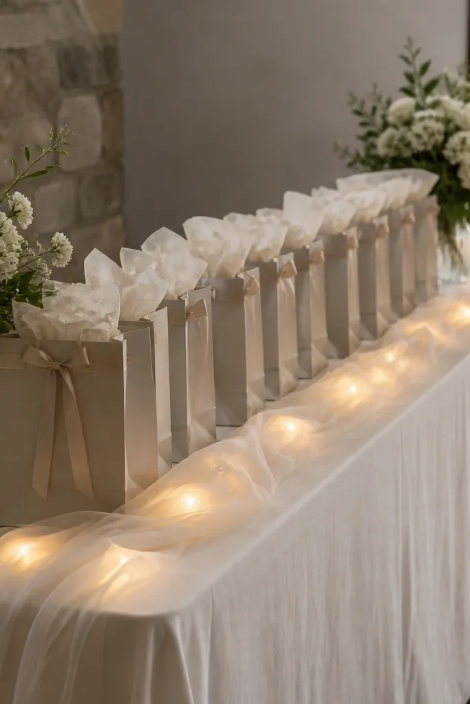 A bridal party gift table with a long white runner cloth. Small battery puck lights sit under sheer fabric along the table edge, creating a low glow. The image shows the lights dimly lighting the runner without visible cords.