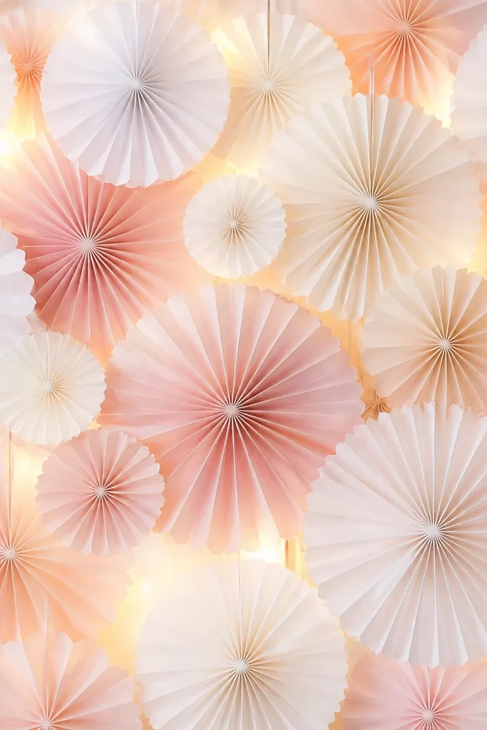 A wall covered in layered paper fans in white and blush. Warm string lights run behind the fans, creating a gentle backlit effect. The front shows only the fans and soft glow, with no visible cords.