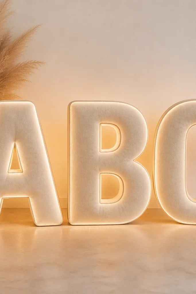 Large freestanding fabric letters (like the bride-to-be name) on a table or floor. Warm LEDs are placed around the inside edge so the letters glow from behind. The image shows soft illumination around the letter edges with no harsh hotspots.