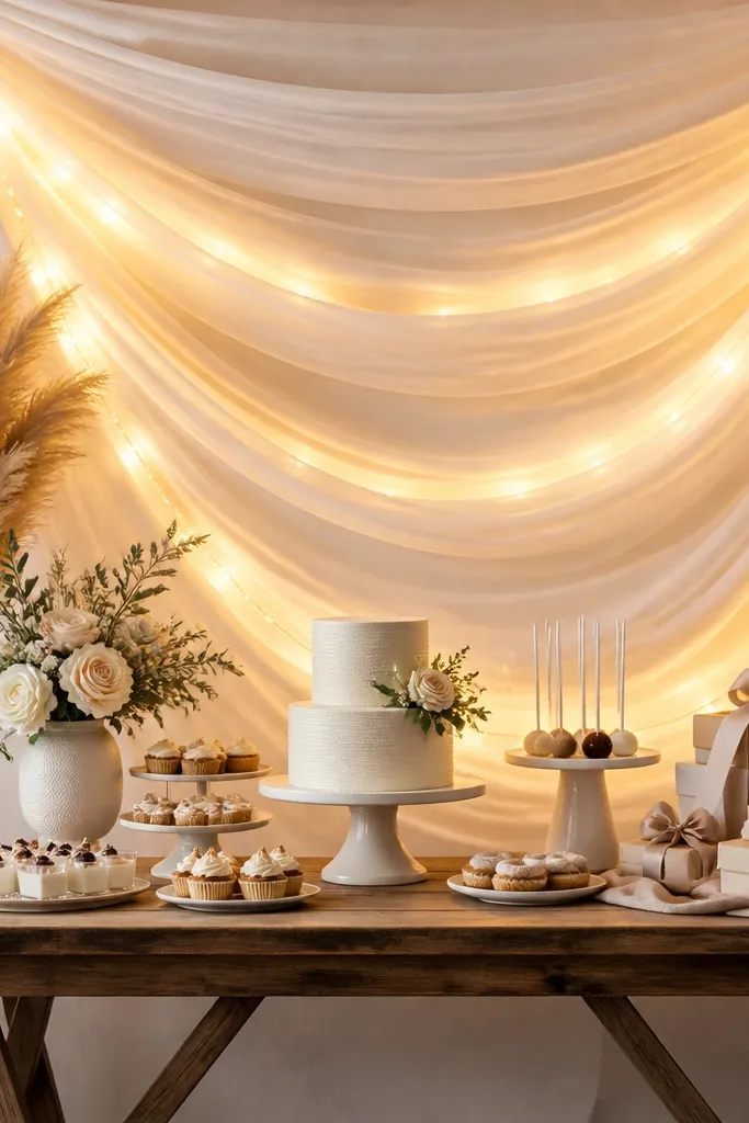 A dessert or gift table with a swag of fabric behind it. Warm string lights are placed in a zigzag pattern across the swag, creating an even glow behind the items. The image shows the lights hidden between fabric folds.