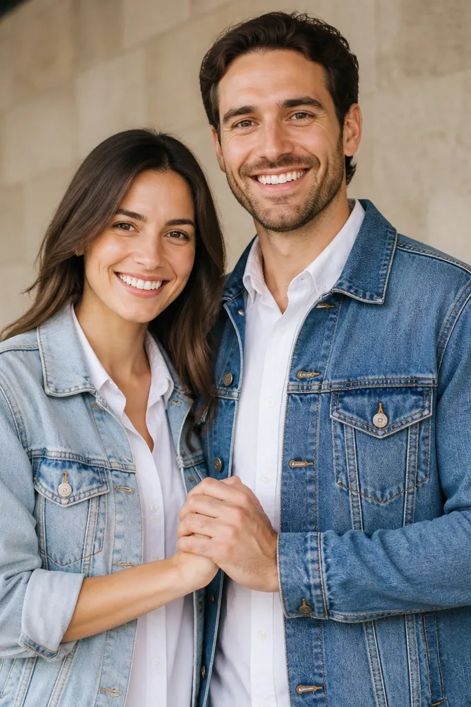 The couple stands under an outdoor awning. Both wear white button-down shirts. The woman layers a light-wash denim jacket over her shirt with rolled sleeves; the man wears a medium-wash denim jacket with tan buttons. They hold hands at chest level and smile at the camera, with a neutral stone wall behind them.