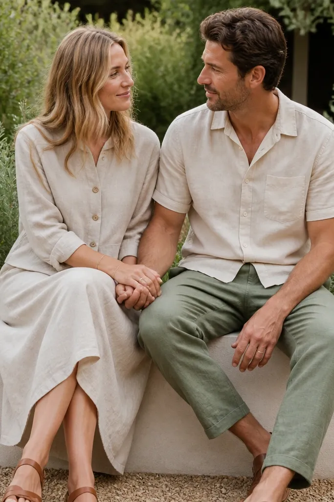 Outdoor garden setting with soft greenery behind. The woman wears an oatmeal linen set - a button-front top and midi skirt. The man wears sage green linen trousers and an oatmeal short-sleeve shirt. They sit on a low bench, holding hands, with a natural, airy look.