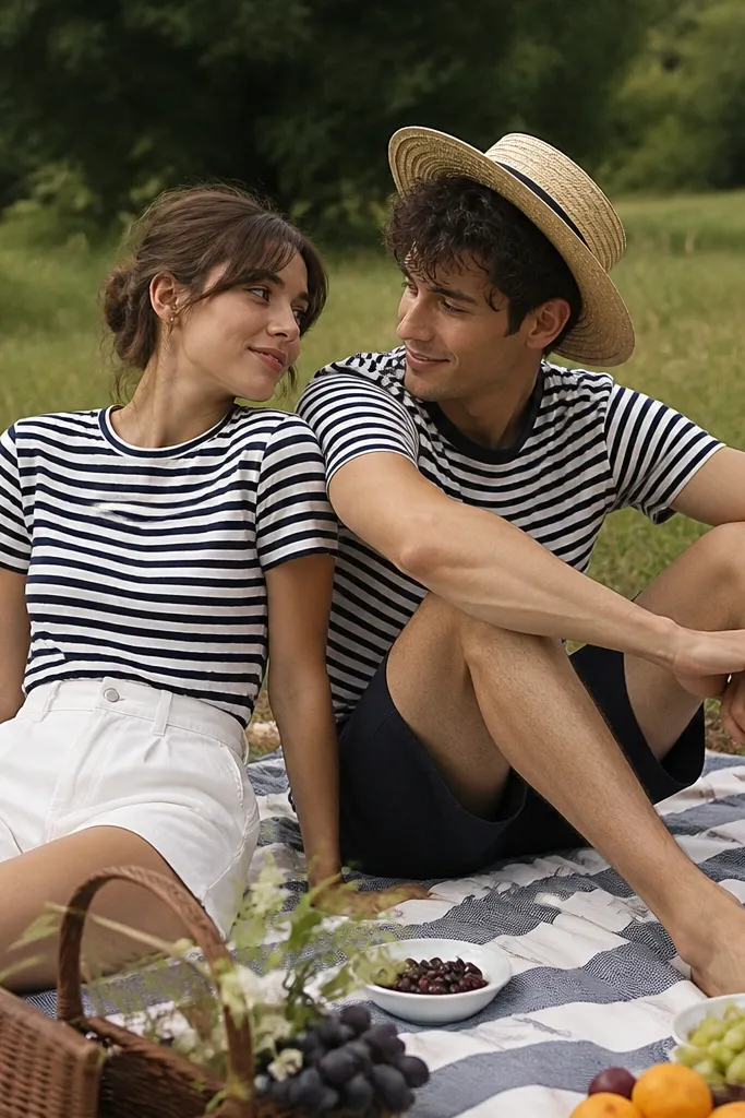 A picnic on grass with a simple striped blanket. The woman wears a navy and white striped tee tucked into high-waisted white shorts. The man wears the same striped tee with navy shorts and a straw hat. They sit close, elbows on knees, with picnic items like a small basket and fruit in the foreground.