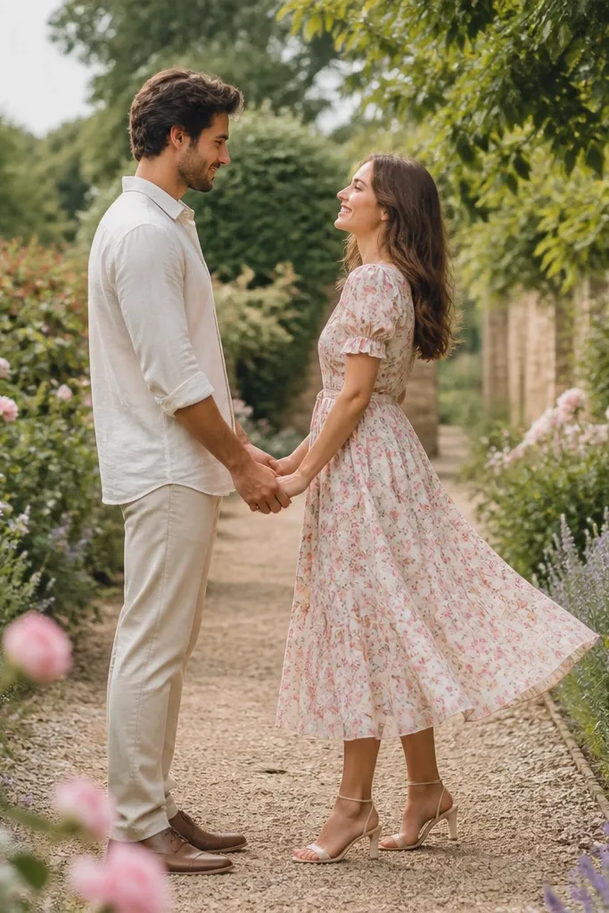 Garden path with soft pastel flowers in the background. The woman wears a pastel floral midi dress with a light puff sleeve. The man wears a cream linen button-up with sleeves rolled to the forearm. They stand facing each other and hold hands, with the woman's skirt swaying slightly.