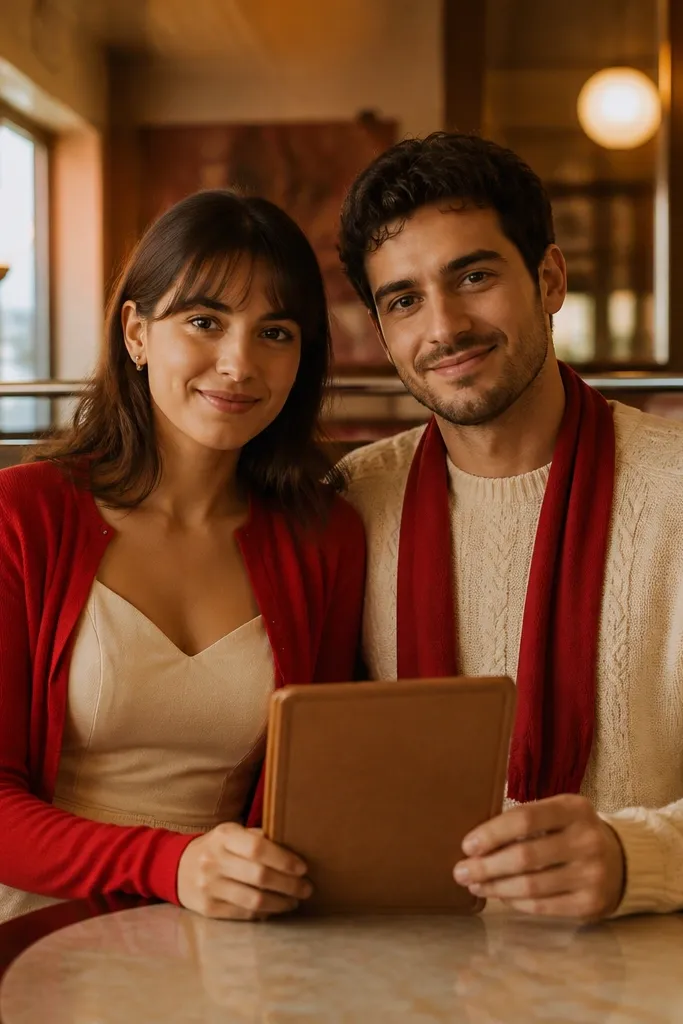 Indoor diner booth scene. The woman wears a cream dress with a bright red cardigan. The man wears a cream knit sweater with a red accent scarf. They sit side-by-side in a vinyl booth, holding a menu or small prop sign, with warm amber lighting.