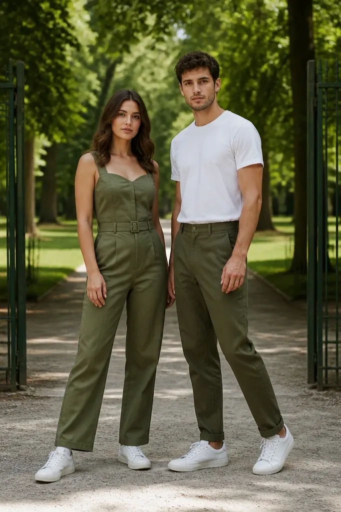 Park entrance gate with a simple fence behind. The woman wears an olive green jumpsuit with a belt and a structured neckline. The man wears a white t-shirt tucked into olive trousers. Both wear white sneakers and stand with one foot angled forward, hands relaxed at their sides.