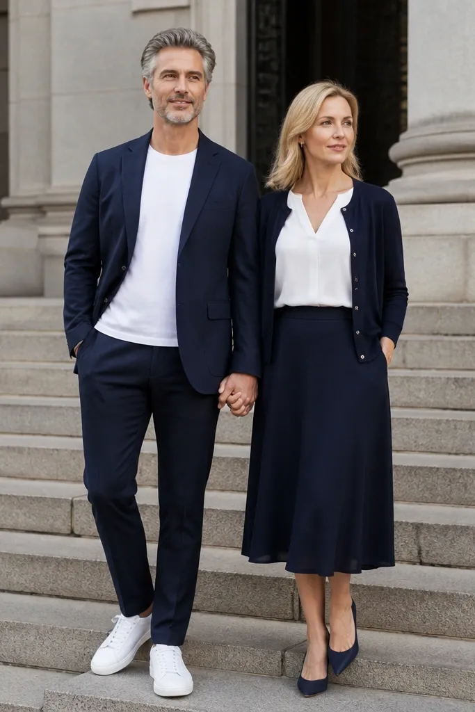Courthouse steps photo. The man wears navy suit pants with a white tee instead of a dress shirt. The woman wears a white blouse with navy midi skirt and a lightweight navy cardigan. They stand close, one hand holding the other, with a clean stone building behind them.
