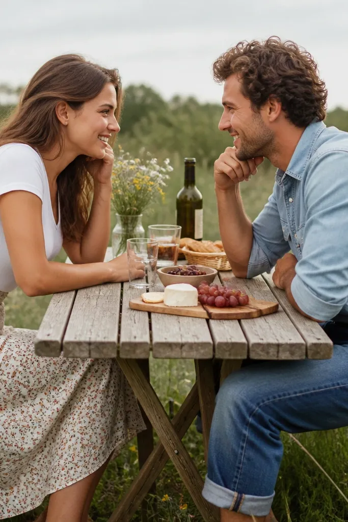 Outdoor picnic with a simple wooden table. The woman wears a white fitted tee tucked into a floral midi skirt with small flowers. The man wears a light blue denim shirt with cuffed jeans and a brown belt. They sit on opposite ends of the table and lean toward each other, smiling.