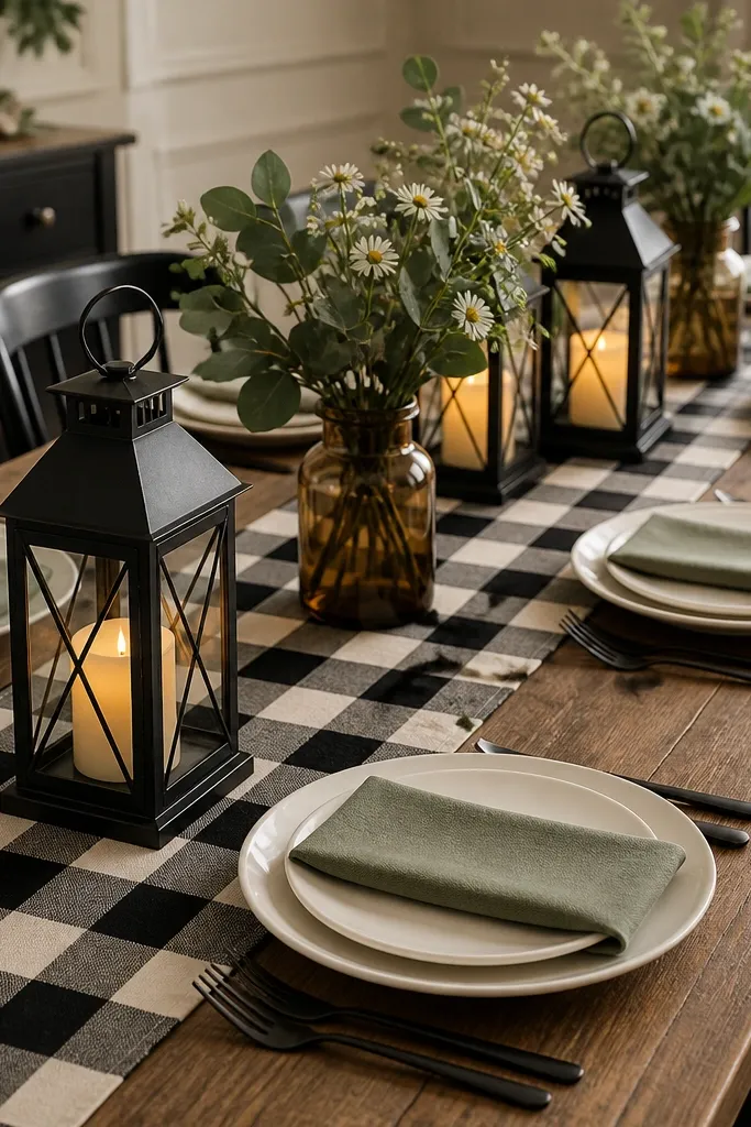 A black-and-cream buffalo check runner, cream plates, black cutlery, and sage green napkins folded into a straight band. Amber glass vases hold sage stems and small white daisies, and there are black lanterns with amber LED candles.