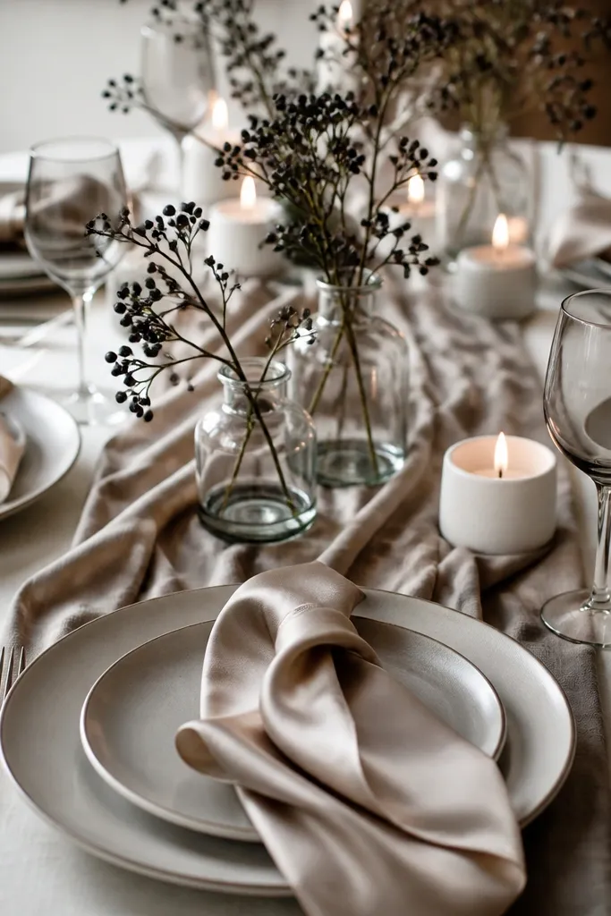 Taupe ceramic plates with champagne satin napkins folded into a soft drape. The center has glass jars with dark berry sprigs, small white candles in holders, and a taupe runner.