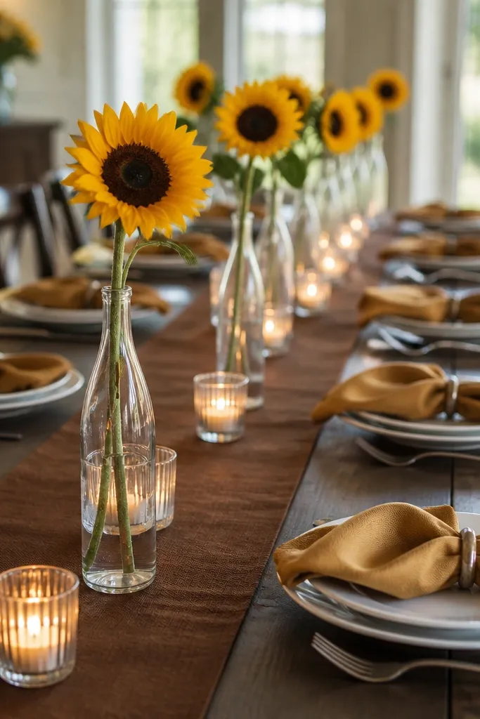 A walnut brown runner, white plates, and napkins in muted gold. Along the center are tall clear bud vases with one sunflower each, plus small candles in the gaps.