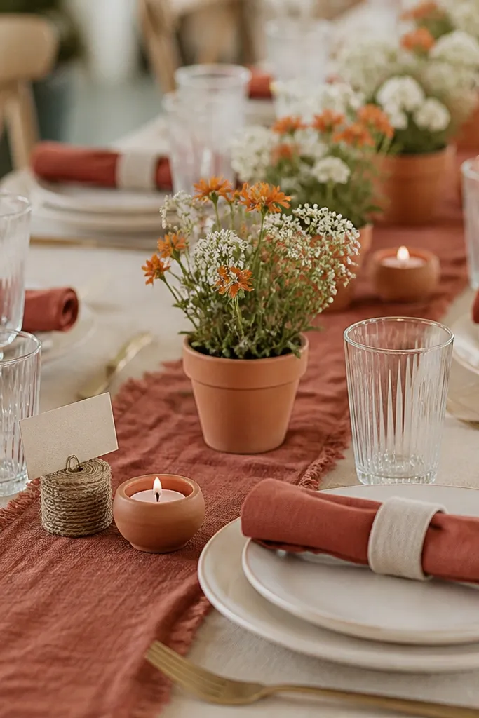 Cream plates with terracotta napkins folded into a cuff. Mini terracotta pots sit on the runner holding small white and orange blooms, with twine-wrapped place cards and terracotta-colored tea candles.