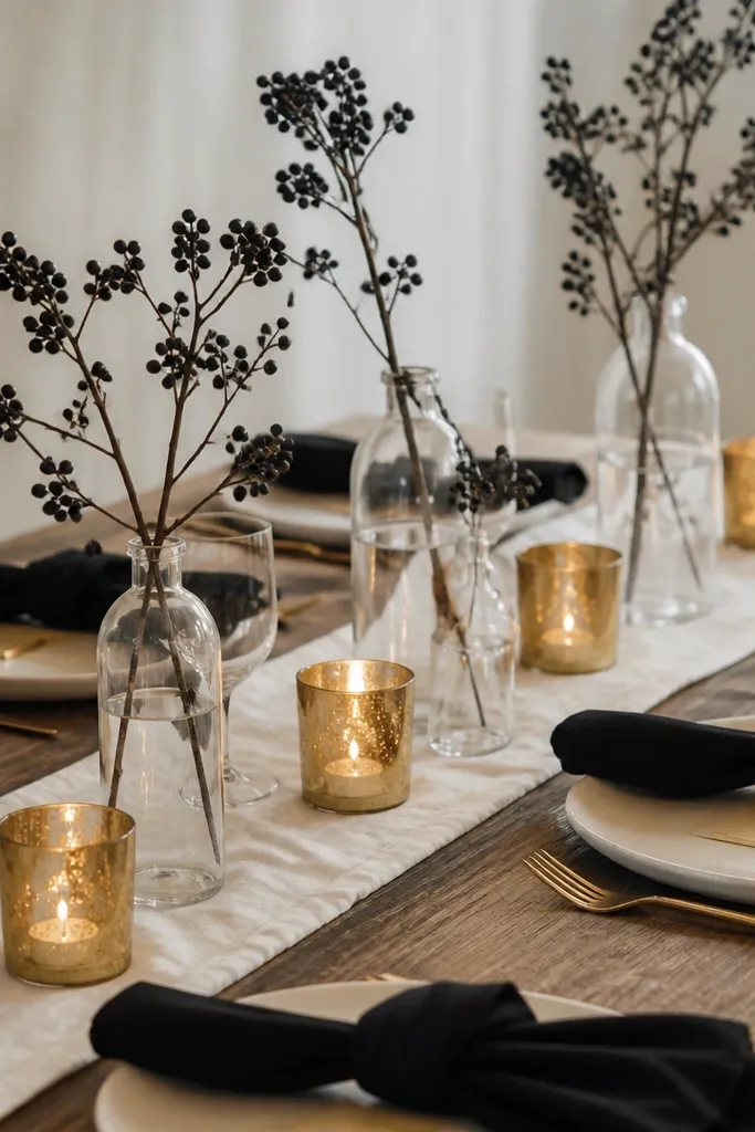 A white runner on the table, matte black berries in clear glass bottles, and gold votive holders. Plates are warm white, napkins are black linen, and place cards are small gold cards.